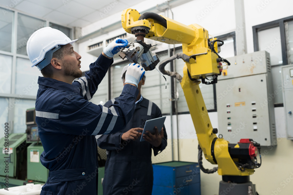 Two male engineer maintenance automatic robotic arm in workroom of building. Group of male technician checking and inspecting quality of automatic robot arm by tablet Two male engineer maintenance automatic robotic arm in workroom of building. Group of male technician checking and inspecting quality of automatic robot arm by tablet