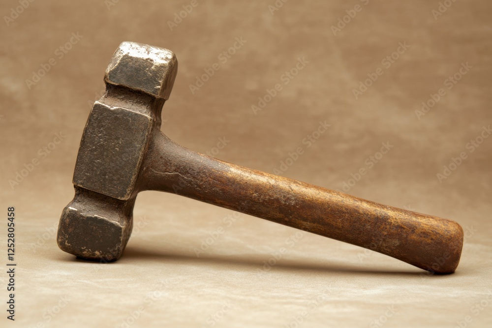 An old hammer rests against a simple background surface An old hammer rests against a simple background surface