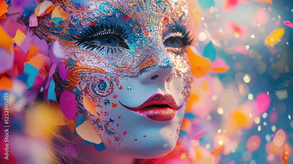 Vibrant carnival mask amidst a festive confetti cascade Vibrant carnival mask amidst a festive confetti cascade