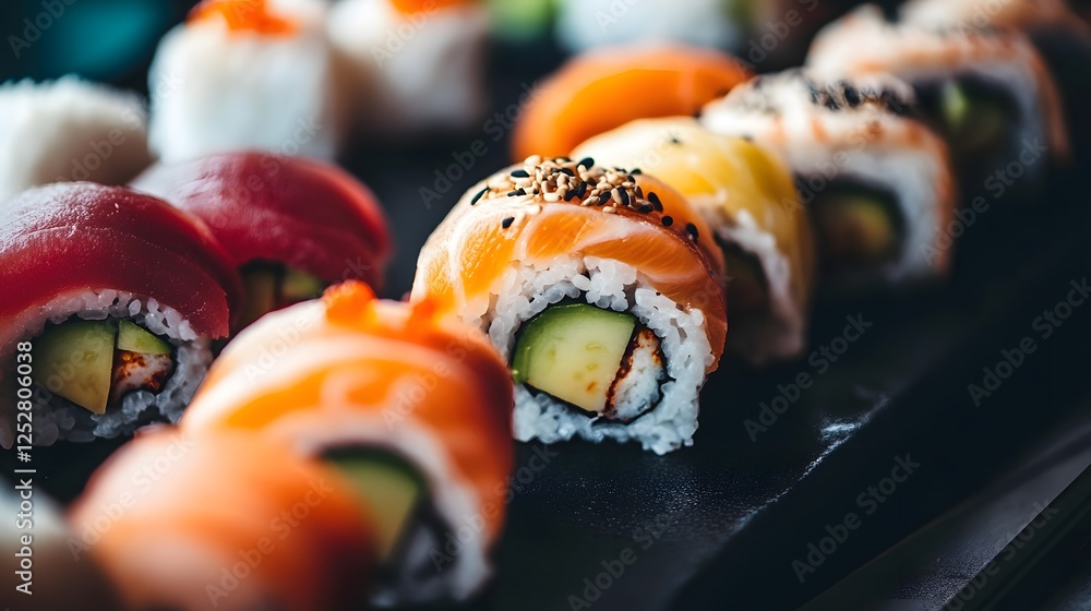 Fresh Sushi Rolls on Black Plate with Colorful Toppings and Fillings Fresh Sushi Rolls on Black Plate with Colorful Toppings and Fillings