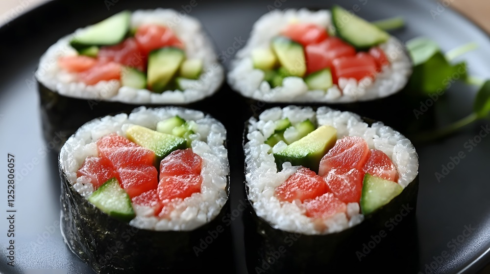 Fresh Sushi Rolls with Salmon and Cucumber on Black Plate Fresh Sushi Rolls with Salmon and Cucumber on Black Plate