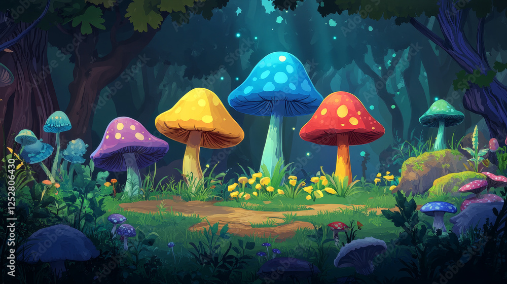 Fototapeta premium Fantasy mushrooms set isolated on background. Vector cartoon illustration of magic fungi in neon blue, green, yellow, red, turquoise colors, fairytale forest design elements for game user interface
