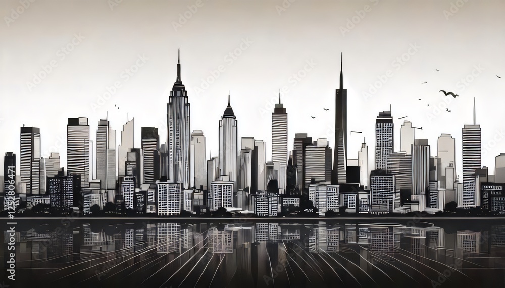 Fototapeta premium A simple outline of a city skyline in black and white with ample negative space