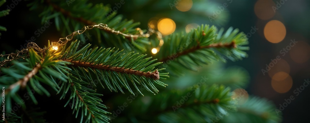 Golden garland adorning fir tree branch with lush greenery, garland, holiday Golden garland adorning fir tree branch with lush greenery, garland, holiday