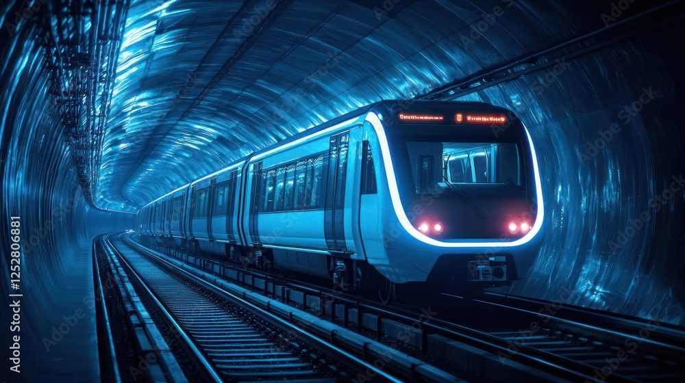 Naklejka premium Futuristic Blue Train in Illuminated Underground Tunnel