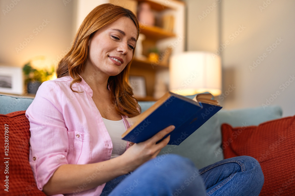 Woman is sitting comfortably on a sofa, absorbed in reading a book. She appears relaxed and focused, surrounded by a cozy home setting. The scene evokes a sense of tranquility and leisure Woman is sitting comfortably on a sofa, absorbed in reading a book. She appears relaxed and focused, surrounded by a cozy home setting. The scene evokes a sense of tranquility and leisure
