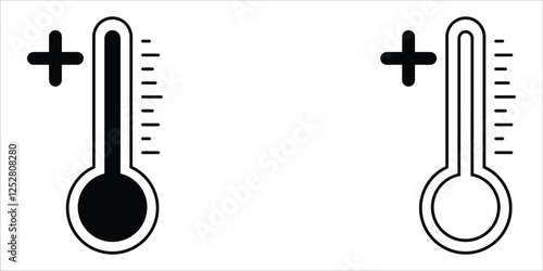 Thermometer Positive Temperature Hot Plus More Increase Up Raise Higher High Boil Heat Up Black White Shape Line Outline Icon Sign Symbol EPS Vector
