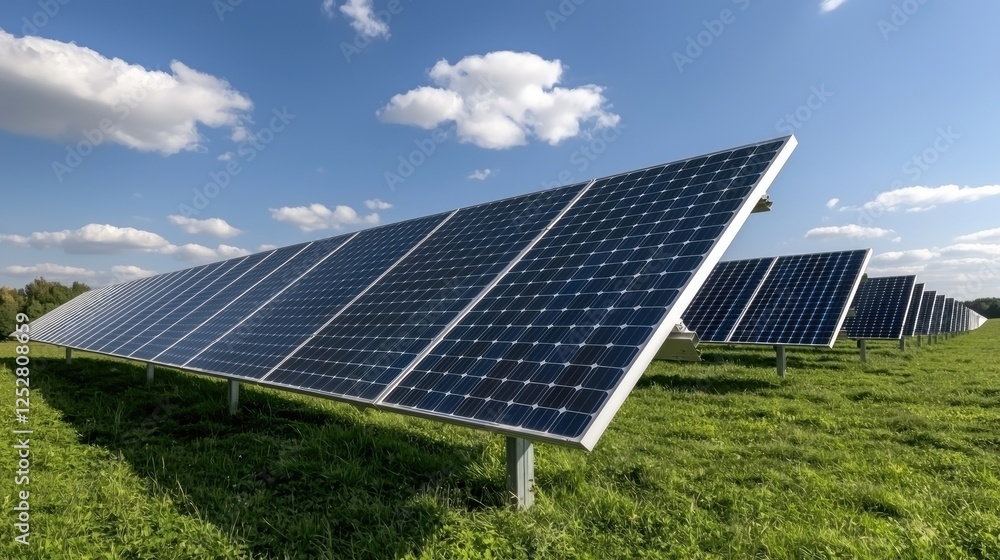 Solar panels field, energy, sunny day, green field, renewable energy Solar panels field, energy, sunny day, green field, renewable energy