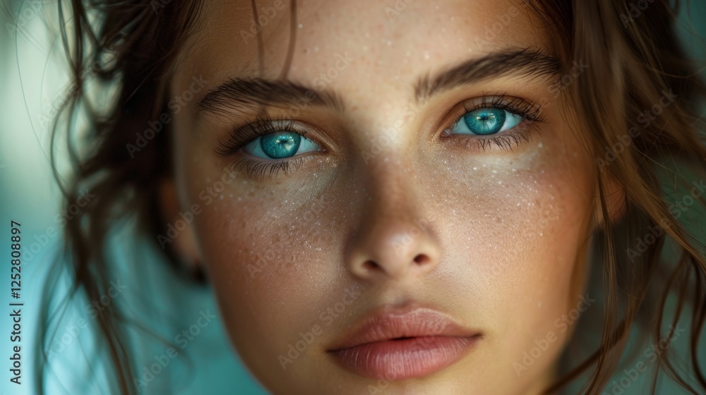 Close-up of a young woman with striking blue eyes and natural beauty showcasing radiant skin during a sunny afternoon Close-up of a young woman with striking blue eyes and natural beauty showcasing radiant skin during a sunny afternoon