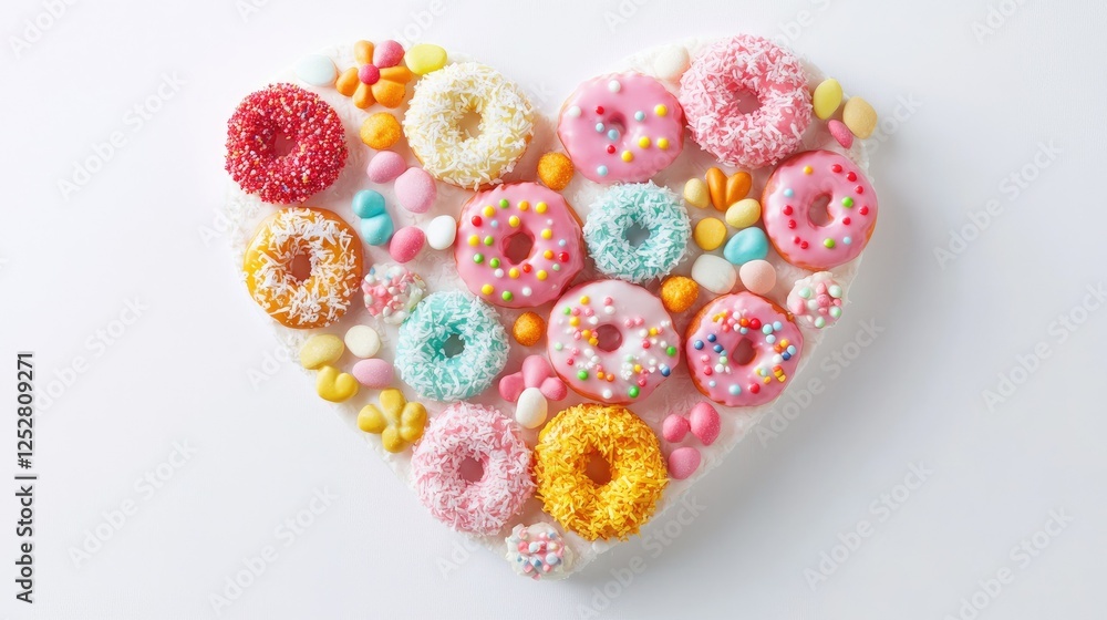 A charming heart-shaped layout of donuts with colorful icing, sprinkled with candy and coconut flakes, on a bright white background. A charming heart-shaped layout of donuts with colorful icing, sprinkled with candy and coconut flakes, on a bright white background.