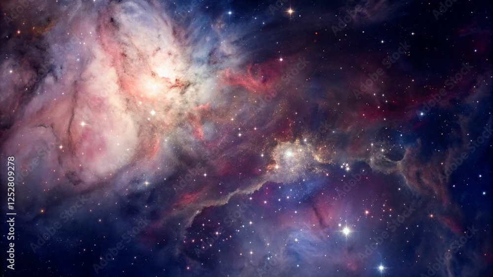 Obraz premium The Orion Nebula glows in space, surrounded by abstract galaxies and a vibrant cosmic background. 