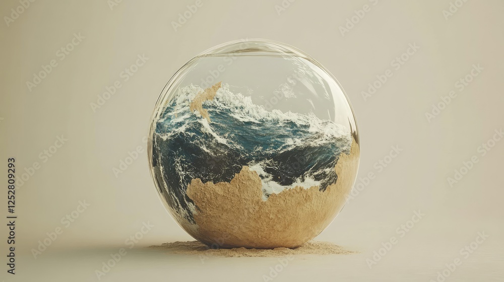 A globe encased in a glass barrier, trapping heat waves and symbolizing excessive carbon emissions. A globe encased in a glass barrier, trapping heat waves and symbolizing excessive carbon emissions.