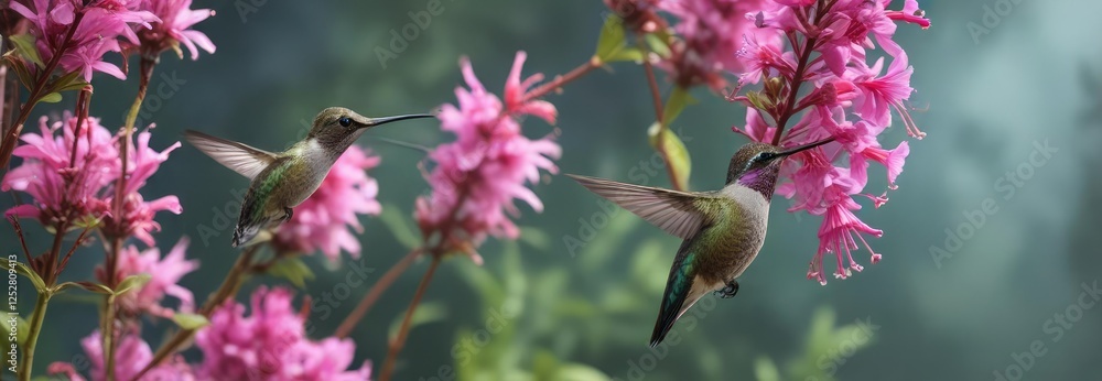 Hummingbird perched on a pink flower stem with its long beak extended to reach the nectar, shadow, pink flower stem Hummingbird perched on a pink flower stem with its long beak extended to reach the nectar, shadow, pink flower stem