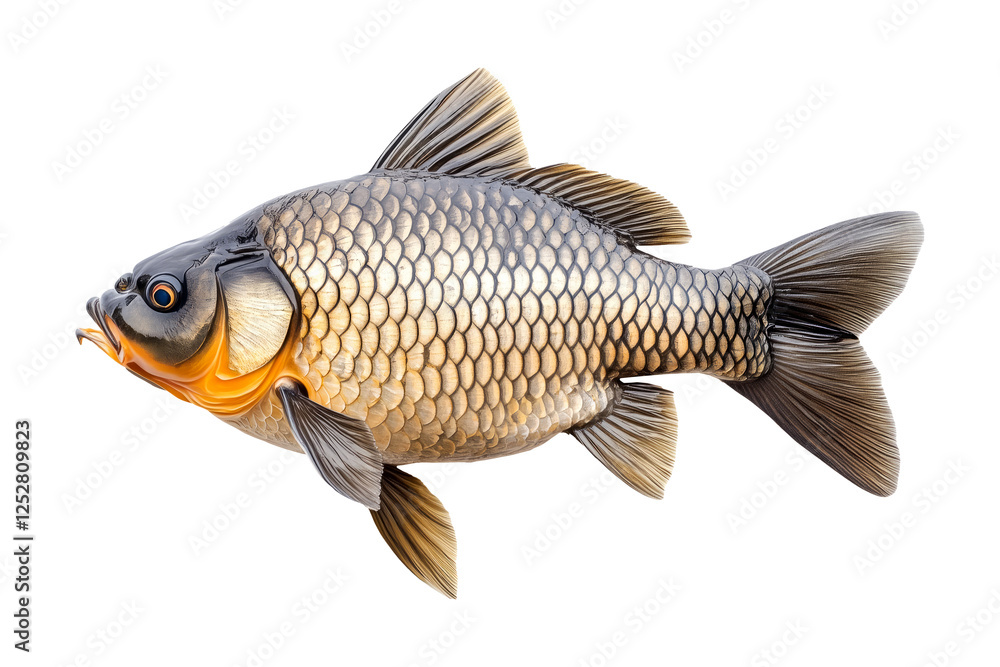 Fototapeta premium Closeup of fresh common carp fish with detailed scales and fins, isolated on white transparent background, concept of aquatic life