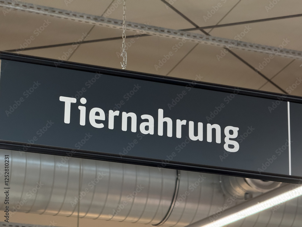 Schild Tiernahrung über Regal der Warengruppe in Supermarkt mit Katzenfutter und Trockenfutter, Abteilung Heimtierbedarf und Haustier-Futter am Point-of-sale POS Schild Tiernahrung über Regal der Warengruppe in Supermarkt mit Katzenfutter und Trockenfutter, Abteilung Heimtierbedarf und Haustier-Futter am Point-of-sale POS