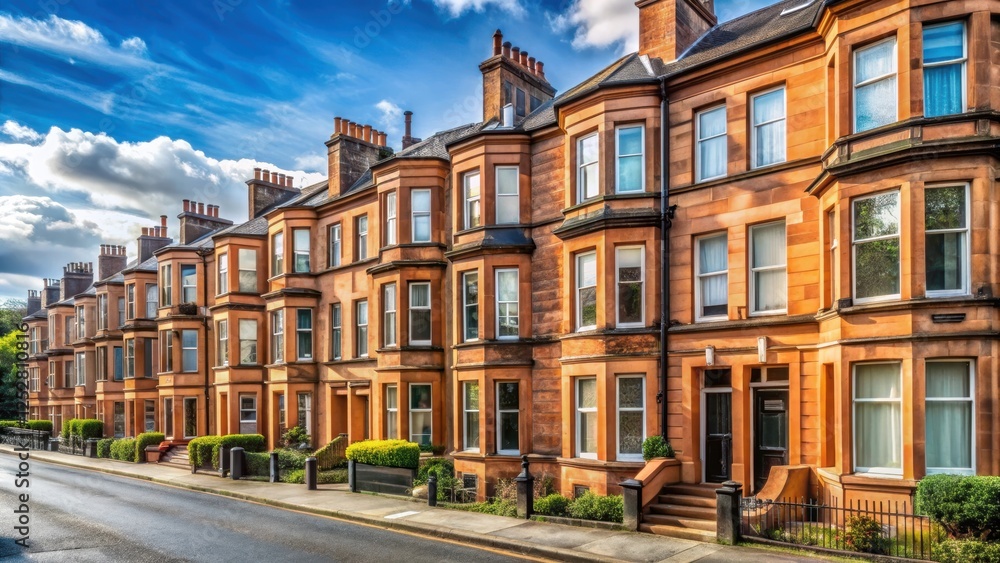 Fototapeta premium Traditional terraced houses in Glasgow , Glasgow, UK, traditional, terraced houses, architecture, urban, city, brick
