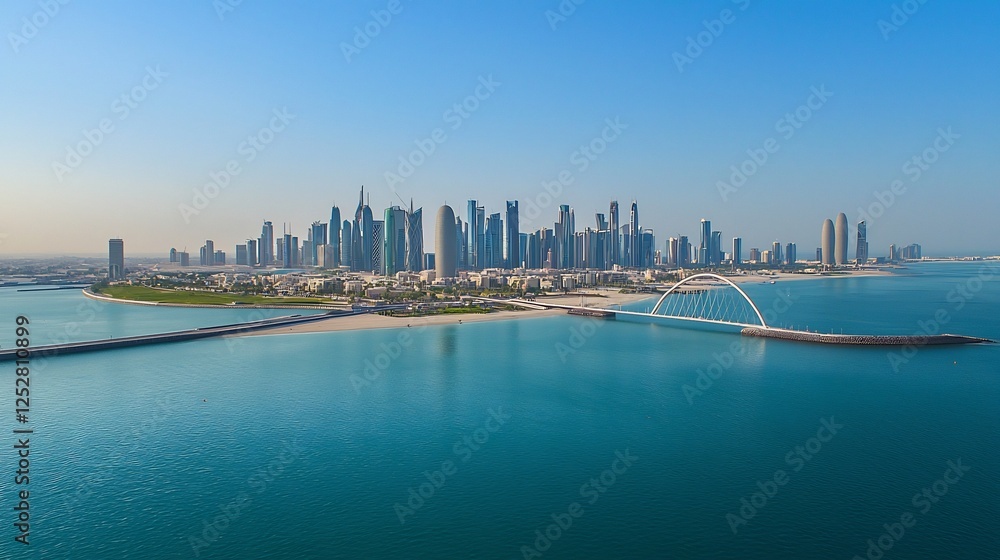 Fototapeta premium Panoramic view of a city skyline with skyscrapers and bridges over turquoise waters under clear skies