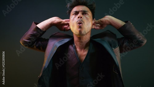 Man tighten his face bothered by noise