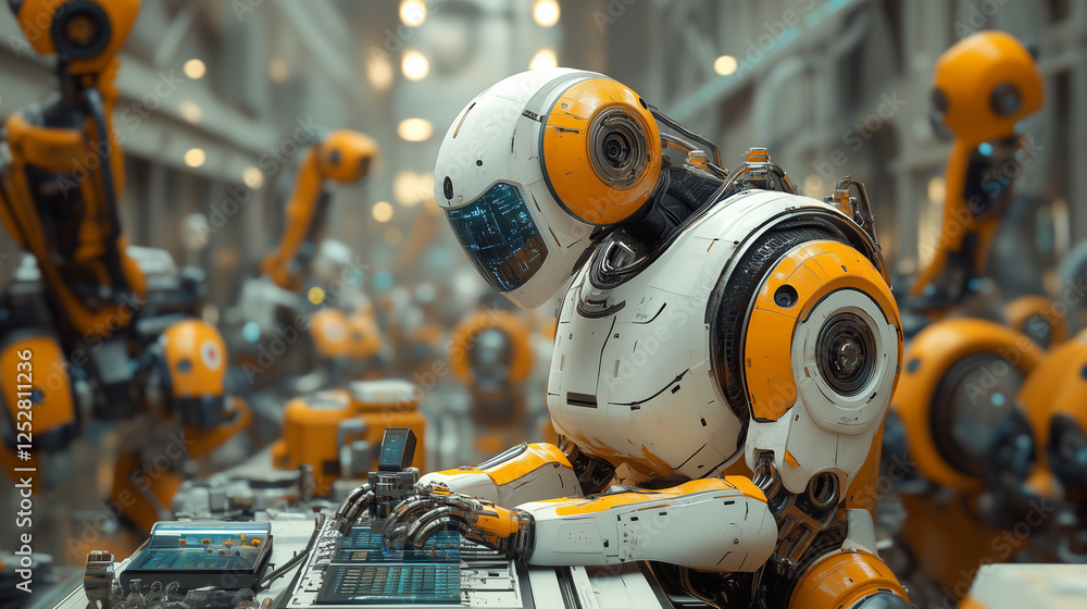 Fototapeta premium Futuristic industrial robot working alongside humans in a high-tech factory