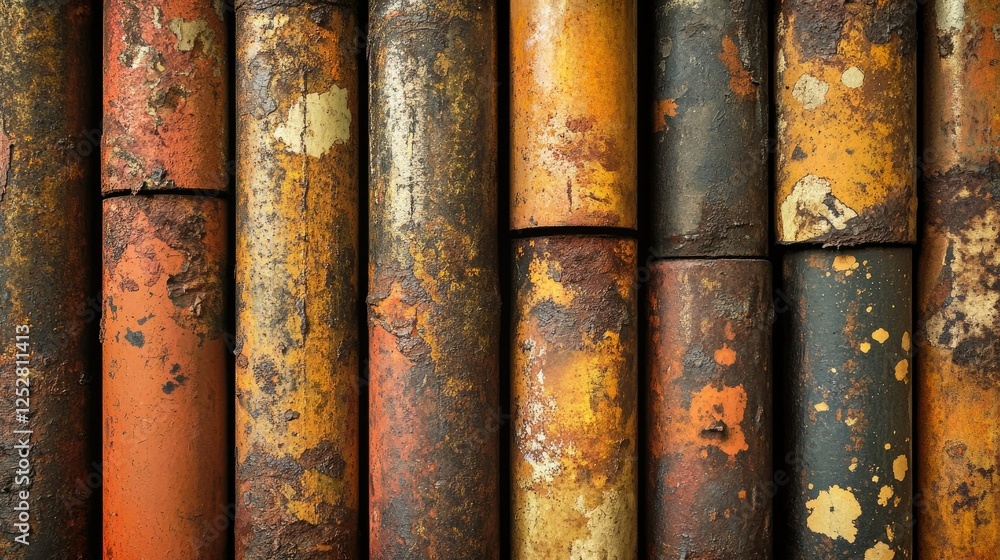 A close-up of corroded pipes arranged in a row, showing rust and surface textures A close-up of corroded pipes arranged in a row, showing rust and surface textures
