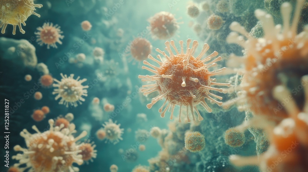 A highly detailed collection of bacterial cells and viral particles floating in a digital background. A highly detailed collection of bacterial cells and viral particles floating in a digital background.