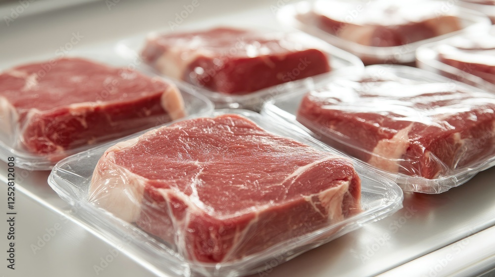 A close-up of raw beef steaks in clear plastic packaging on an assembly line in a clean factory A close-up of raw beef steaks in clear plastic packaging on an assembly line in a clean factory