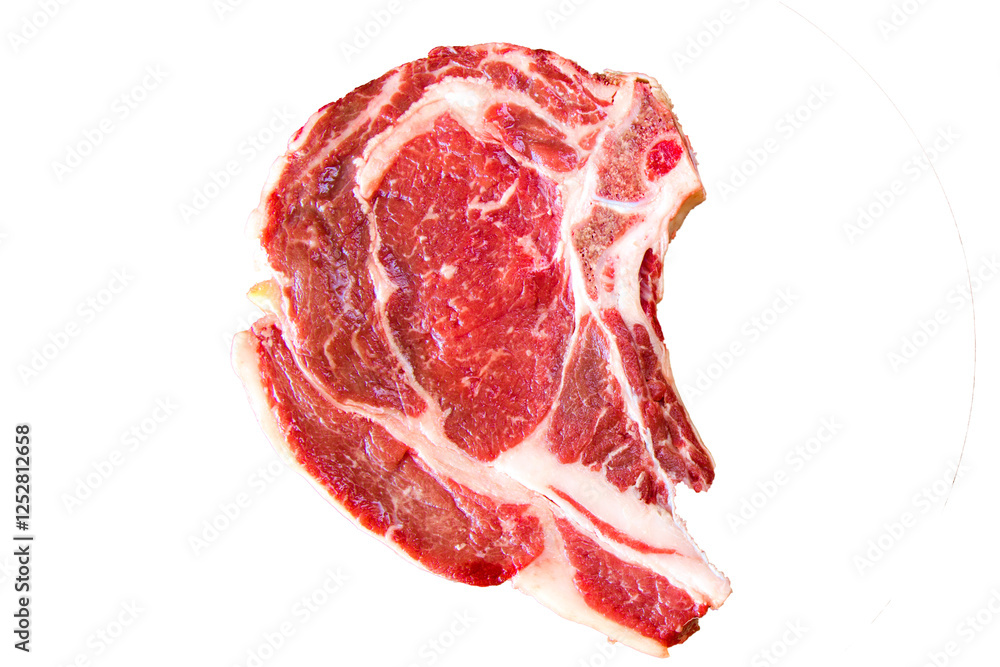 Obraz premium Raw beef meat on the table, spices and Rosemary, Rib eye steak ingredients. Pepper and coars salt.