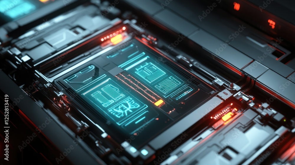 Obraz premium A concept art of advanced electric car battery cells with holographic displays showing charge levels.
