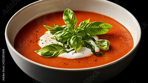 Creamy tomato soup, basil garnish, dark background, food photography
