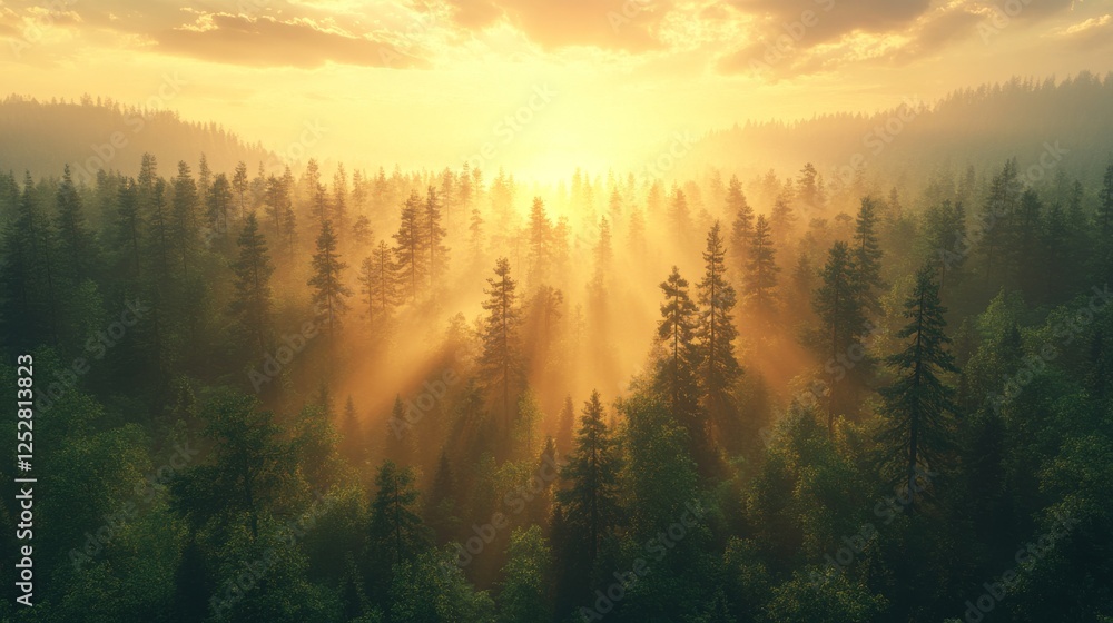 Naklejka premium Sun-Kissed Canopy, Golden Light Filtering Through a Dense Forest at Sunrise or Sunset