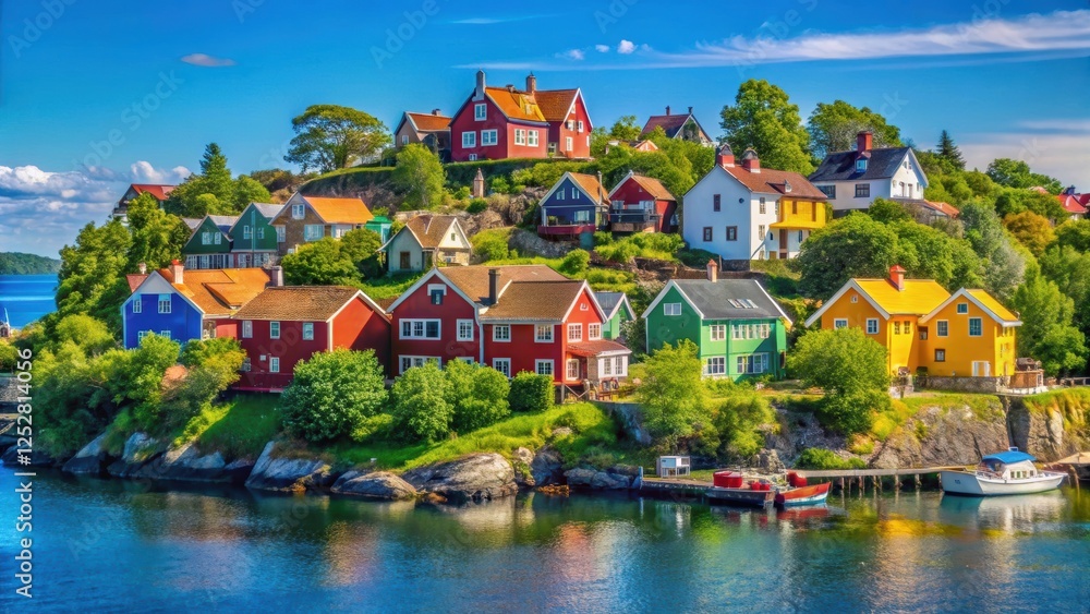Colorful houses on a charming island with clear blue skies and lush greenery, island, colorful, houses, charming, vibrant Colorful houses on a charming island with clear blue skies and lush greenery, island, colorful, houses, charming, vibrant
