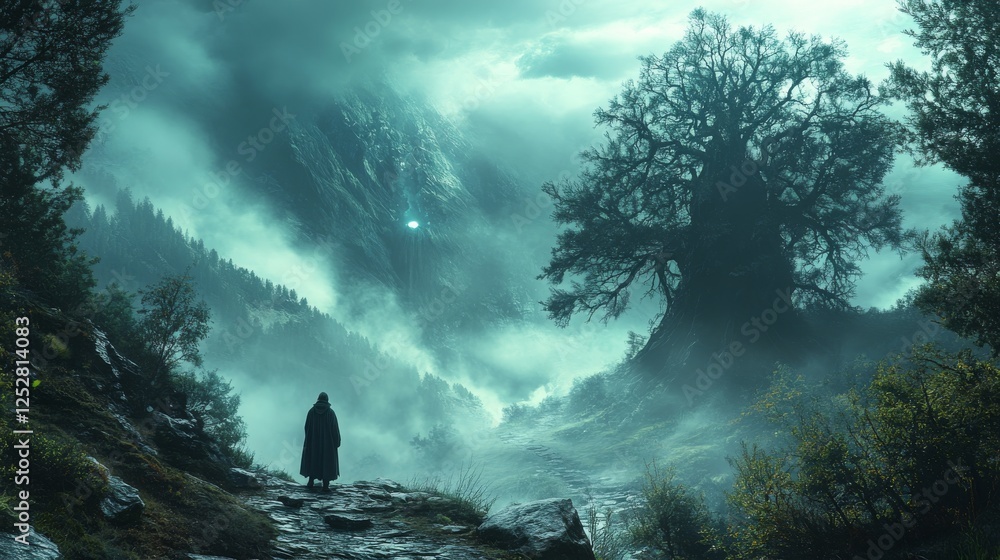 Ethereal Wanderer, Cloaked Figure in a Misty Mountain Landscape With Enchanted Tree Ethereal Wanderer, Cloaked Figure in a Misty Mountain Landscape With Enchanted Tree