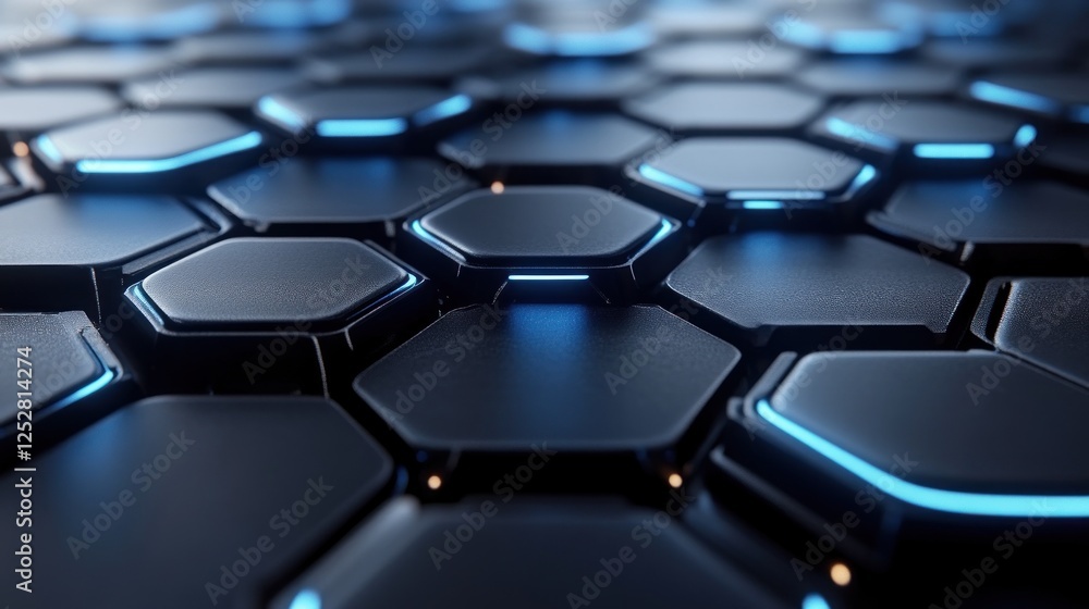 Close-up view of a futuristic hexagonal pattern with glowing blue edges on a dark surface Close-up view of a futuristic hexagonal pattern with glowing blue edges on a dark surface