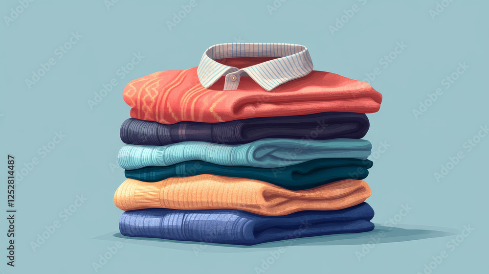 Stack of clean cotton clothes with collar vector. Isolated realistic pile of linen shirt and pullover with shadow. Colored folded casual cloth for retail store. Shopping for garment and organising. Stack of clean cotton clothes with collar vector. Isolated realistic pile of linen shirt and pullover with shadow. Colored folded casual cloth for retail store. Shopping for garment and organising.