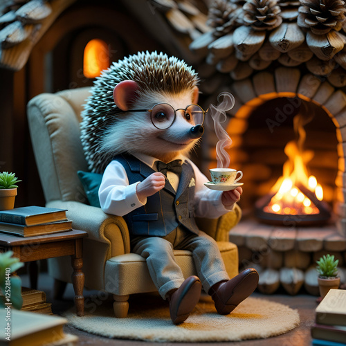 An anthropomorphic hedgehog dressed in a tailored waistcoat and glasses, sitting in a cozy armchair inside a charming pinecone house.