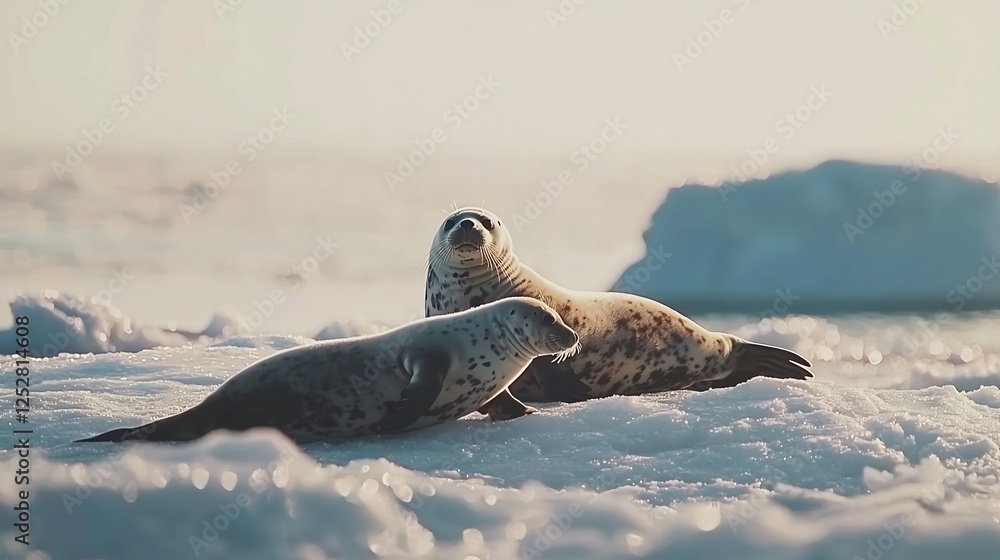 Obraz premium Two seals resting on icy surface with a distant iceberg under bright sky