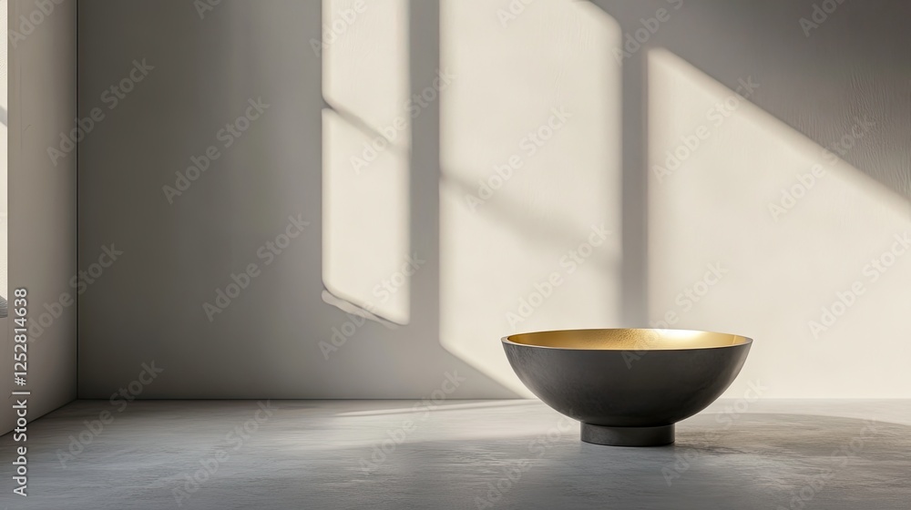 A minimalist gray display stand with an elegant golden top, glowing in soft, natural sunlight. A minimalist gray display stand with an elegant golden top, glowing in soft, natural sunlight.