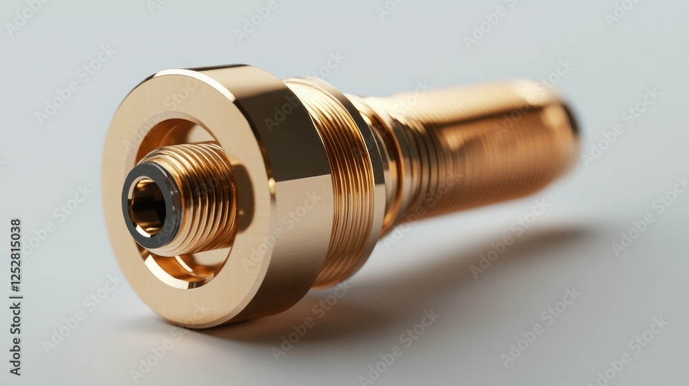 A detailed view of a coaxial plug with gold plating, showing its concentric structure and threads A detailed view of a coaxial plug with gold plating, showing its concentric structure and threads