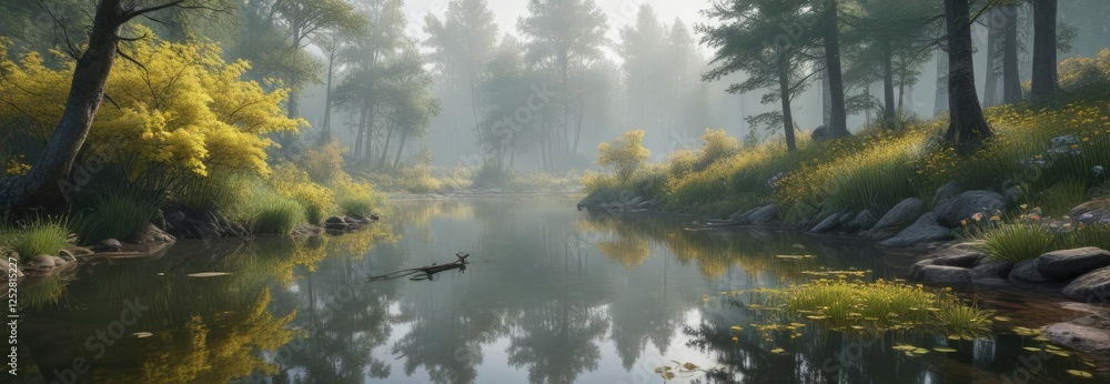 Fototapeta premium misty morning in a forest with a pond and yellow flowers, misty morning, overcast sky