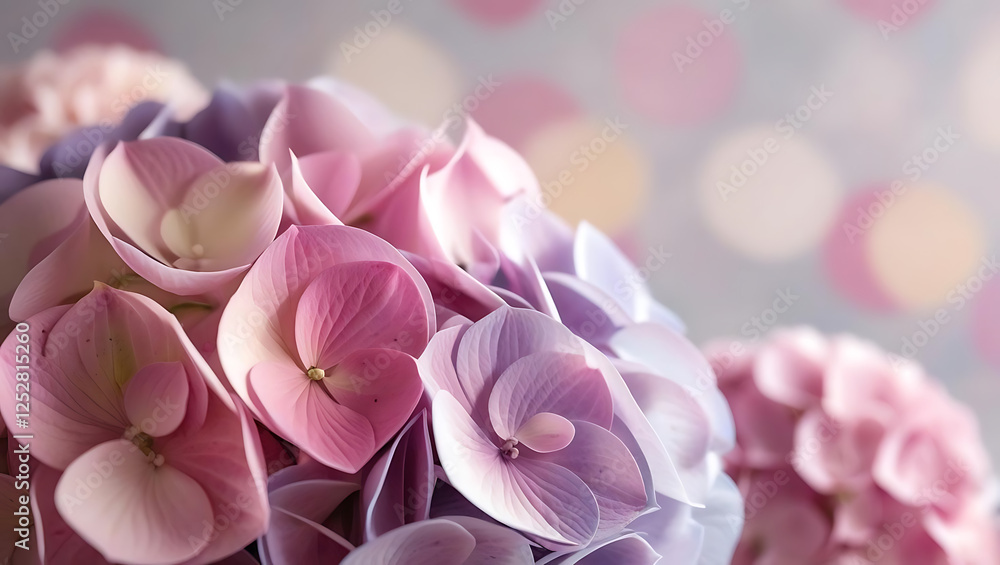 dreamy close-up of hydrangea petals in soft pink and lavender hues, surrounded by subtle bokeh effects in the background dreamy close-up of hydrangea petals in soft pink and lavender hues, surrounded by subtle bokeh effects in the background
