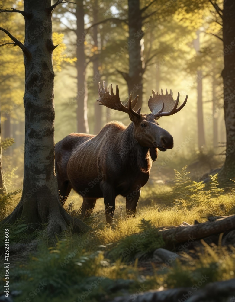 Moose resting in a shaded forest clearing with dappled sunlight filtering through the leaves, serene, sheltered Moose resting in a shaded forest clearing with dappled sunlight filtering through the leaves, serene, sheltered