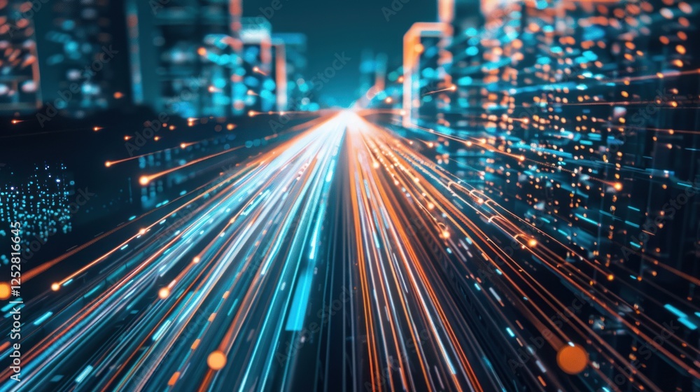 Fototapeta premium Futuristic city highway with glowing light trails.