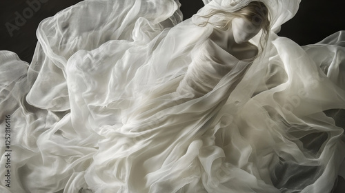 Flying white silk ribbon and satin fabric. Vector realistic set of billowing velvet clothes, scarf or cape in blowing wind. Luxury white textile drapery, flowing tissue isolated on grey background