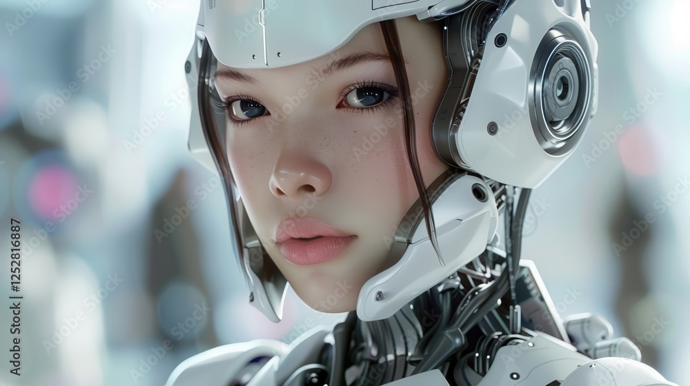 Fototapeta premium The beauty robot teenager captivates with sleek, futuristic features and a youthful, vibrant look that’s ahead of its time.