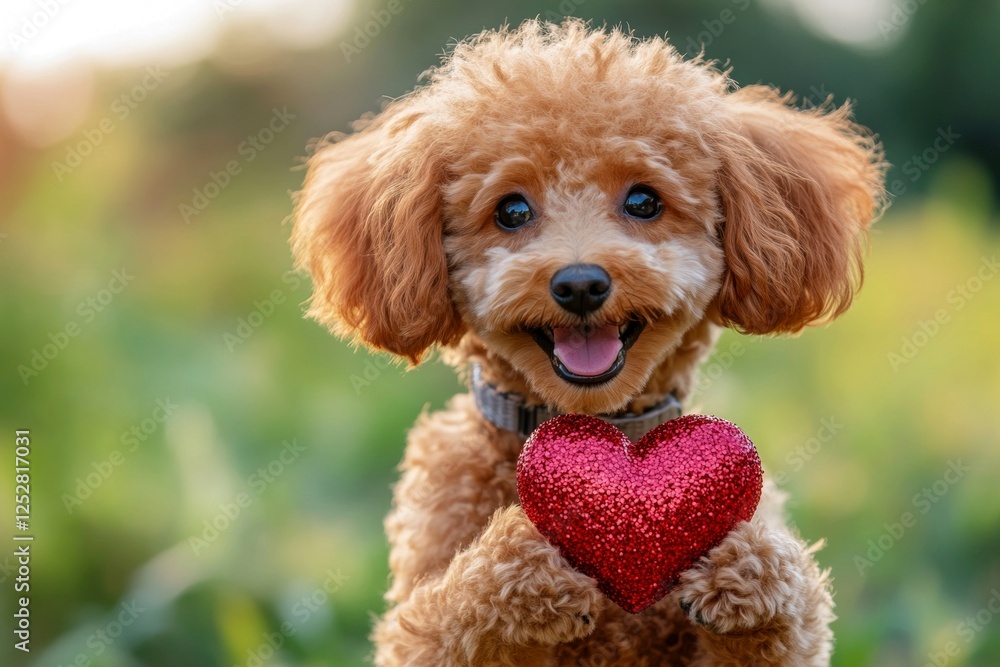 Poodle - my beloved dog, symbol of friendship. Digital ads furry friend pattern. Cute poodle pooch with sparkling rhinestones red heart on a walk in a spring garden. Puppy romance photo. Poodle - my beloved dog, symbol of friendship. Digital ads furry friend pattern. Cute poodle pooch with sparkling rhinestones red heart on a walk in a spring garden. Puppy romance photo.
