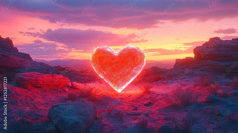 Fototapeta premium A glowing neon heart-shaped rock standing amidst a rugged desert landscape, under a vibrant sunset sky