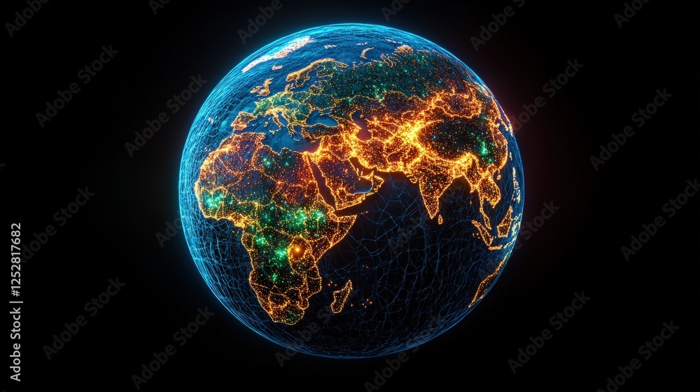 Earth globe with glowing map of continents illuminated by studio lighting in high fidelity detail Earth globe with glowing map of continents illuminated by studio lighting in high fidelity detail
