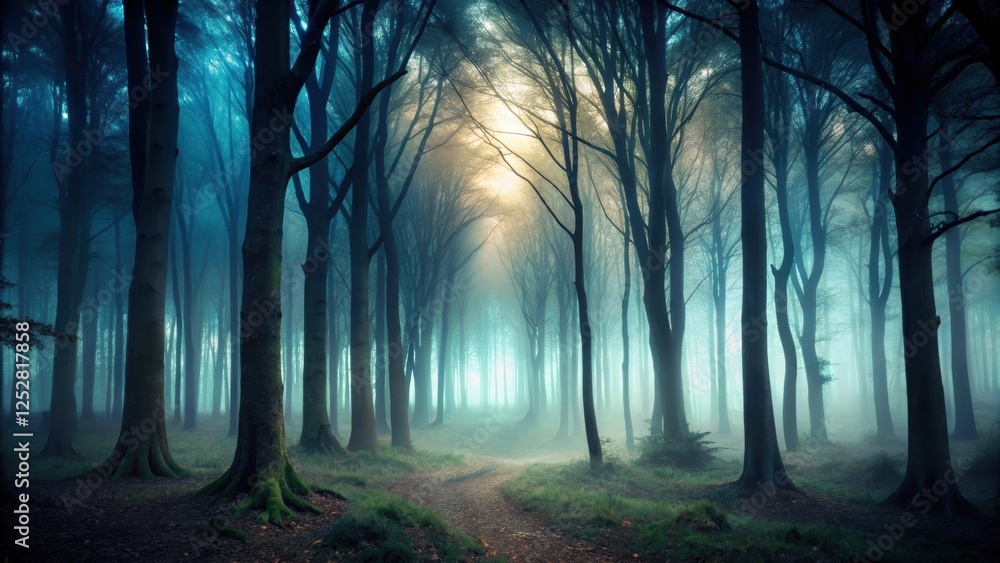 Fototapeta premium Dark misty forest with shadowy trees creating an eerie and ominous atmosphere, mist, fog, woods, spooky, mysterious