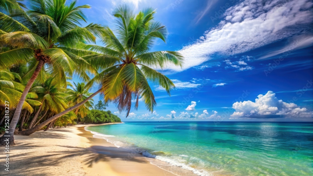 Vibrant summer beach with palm trees, sandy shore, and clear blue water , summer, beach, background,palm trees, sand, shore Vibrant summer beach with palm trees, sandy shore, and clear blue water , summer, beach, background,palm trees, sand, shore