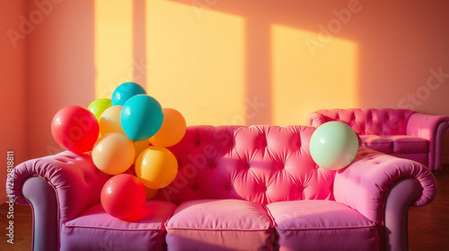  A pink couch with colorful balloons and a second pink couch in the background photo